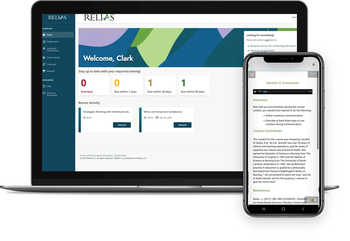 Relias compliance dashboard showing completion status by requirement