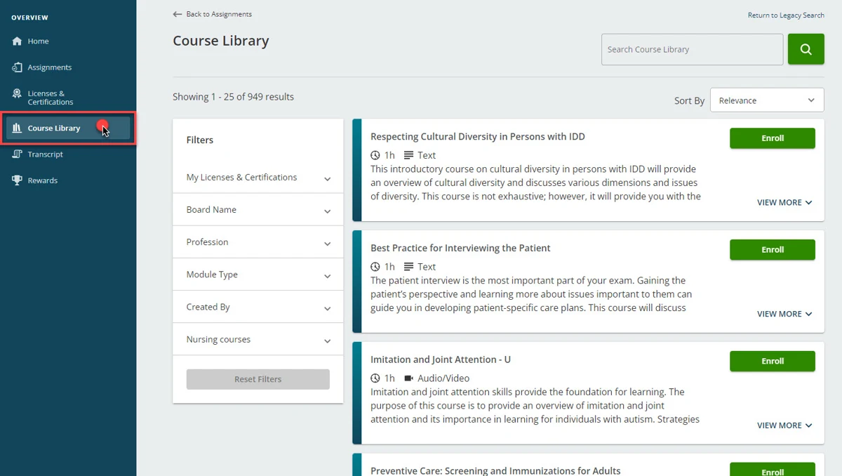 Relias course library showing accredited clinical training courses